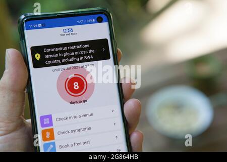 East Sussex, Royaume-Uni, 17 juillet 2021 : un téléphone portable présente une application NHS Covid pour s'isoler en raison d'une éventuelle exposition au coronavirus, faisant partie d'un « Pingdemic » affectant des centaines de milliers de personnes. Un ping signifie qu'il est demandé de s'auto-isoler après avoir été en contact avec une personne ayant subi un test de dépistage de covid ou après avoir été présente sur un site. Le monde des affaires et la société sont en train d'être décomposés en raison du fait qu'un grand nombre de personnes sont invitées à s'isoler, ce qui entraîne la fermeture temporaire d'une entreprise et la suppression de l'application par certaines personnes. Anna Watson/Alay Live News Banque D'Images