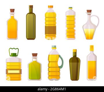 Bouteilles d'huile. Huiles de cuisson de tournesol, d'olive, de maïs et de légumes en verre et en plastique. Ensemble vectoriel de produits à base d'huile biologique extra vierge Illustration de Vecteur