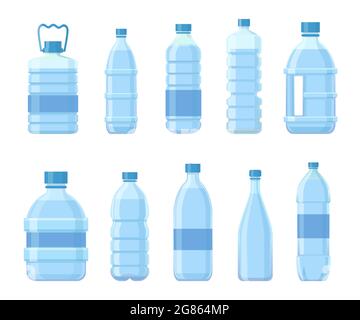 Flacons en plastique à dessin animé avec eau. Forfaits boissons, récipients pour animaux pour boissons, jus ou soda. Emballage bleu pour kit de vecteur d'eau minérale Illustration de Vecteur