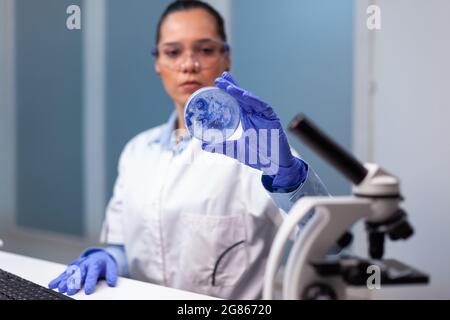 Scientifique femme analysant la boîte de Petri avec des bactéries de micro-organismes dans le laboratoire hospitalier de chimie de microbiologie. Biologiste chercheur travaillant à l'investigation biochimique examinant la microplaque Banque D'Images