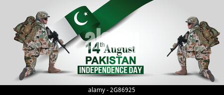 Illustration de la toile de fond du 14 août pour le jour heureux de l'indépendance du Pakistan. Un soldat avec arme à feu et drapeau. Illustration vectorielle. Illustration de Vecteur