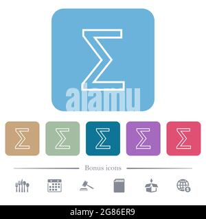 Le symbole de somme contour des icônes plates blanches sur des arrière-plans carrés de couleur arrondie. 6 icônes bonus incluses Illustration de Vecteur