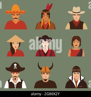 vecteur différents personnages pirate, pilote, cowboy, viking, mexiacn, les indiens, les américains et les asiatiques, Illustration de Vecteur