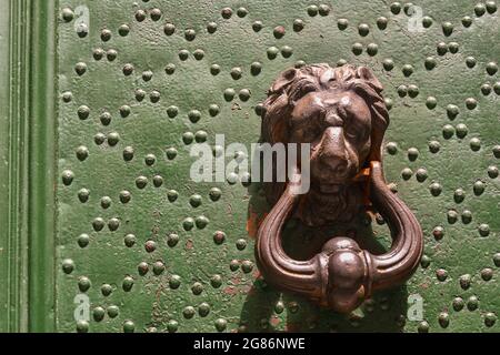 Gros plan d'une porte verte cloutée avec un knocker à tête de lion dans le centre historique de Gênes, Ligurie, Italie Banque D'Images