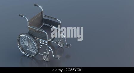 Fauteuil roulant vide isolé sur fond gris foncé. Équipement médical pour les personnes handicapées et les personnes handicapées. Espace de copie, annonce du modèle. illustrateur 3d Banque D'Images