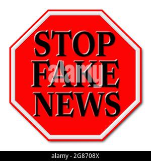 ARRÊTER LES FAUSSES INFORMATIONS en isolant sur fond blanc Banque D'Images