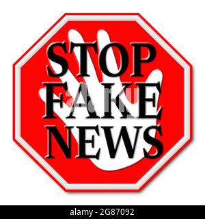 ARRÊTER LES FAUSSES INFORMATIONS en isolant sur fond blanc Banque D'Images