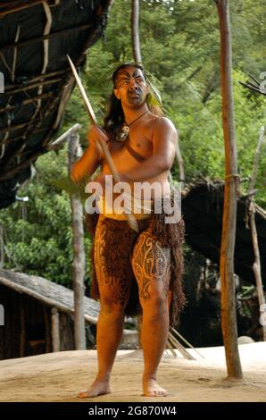 Guerrier indigène maori exécutant une danse traditionnelle du haka, Rotorua, Île du Nord, Nouvelle-Zélande, traditions culturelles Banque D'Images
