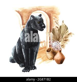 Panthère noire ou jaguar sur fond de fleurs exotiques et d'architecture orientale, illustration Watercolor dessinée à la main Banque D'Images