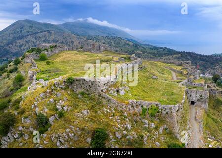 Vue aérienne du château de Rozafa, Shkodra, Albanie Banque D'Images