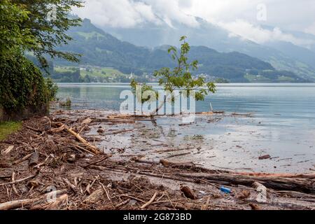 Niveaux d'eau élevés et inondations partielles à Walenstadt, en Suisse, en raison de nombreux jours de fortes précipitations. Banque D'Images