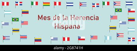 Différents drapeaux de l'Amérique. Diversité culturelle et ethnique. Mes Nacional de la Herencia Hispana. Lettrage de texte espagnol . Illustration de Vecteur