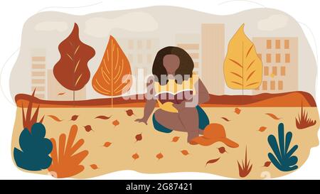 Belle femme avec une coiffure afro lisant un livre dans le parc d'automne. Illustration de Vecteur