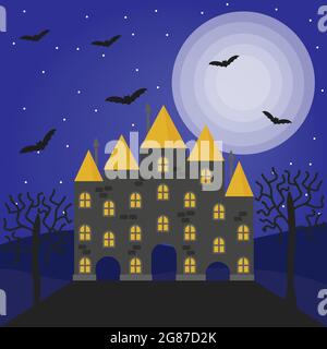 Illustration vectorielle d'Halloween avec maison hantée, pleine lune, arbres et chauves-souris Illustration de Vecteur