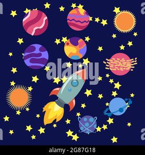 Icônes de dessin animé d'espace définies. Planètes, fusées, éléments ovnis sur fond cosmique Illustration de Vecteur