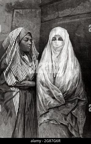 Femmes tunisiennes vêtues de costume traditionnel, Tunisie. Afrique. Ancienne illustration gravée du XIXe siècle d'El Mundo Ilustrado 1880 Banque D'Images