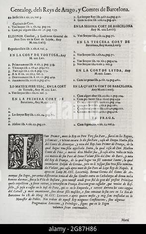 Constitutions y Altres Drets de Cathalunya, compilats en virtut del Capítol de Cort LXXXII, de las Corts per la S.C.Y.R. Majestat del rey Don Philip IV, nostre senyor Celeladas en la ciutat de Barcelona n'importe quelle MDCII. (Constitutions et autres droits de Catalogne, compilés en vertu du Chapitre LXXXII de la Cour, des cours présidées par Philippe V et qui ont eu lieu dans la ville de Barcelone. 1702). Premier volume. Imprimé dans la Maison de Joan Pau Martí et Joseph Llopis Estampers, 1704. Généalogie des Rois d'Aragon et comtes de Barcelone. Bibliothèque militaire historique de Barcelone, Catalogne, Espagne Banque D'Images