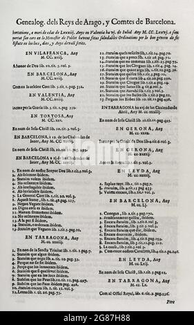 Constitutions y Altres Drets de Cathalunya, compilats en virtut del Capítol de Cort LXXXII, de las Corts per la S.C.Y.R. Majestat del rey Don Philip IV, nostre senyor Celeladas en la ciutat de Barcelona n'importe quelle MDCII. (Constitutions et autres droits de Catalogne, compilés en vertu du Chapitre LXXXII de la Cour, des cours présidées par Philippe V et qui ont eu lieu dans la ville de Barcelone. 1702). Premier volume. Imprimé dans la Maison de Joan Pau Martí et Joseph Llopis Estampers, 1704. Généalogie des Rois d'Aragon et comtes de Barcelone. Bibliothèque militaire historique de Barcelone, Catalogne, Espagne Banque D'Images