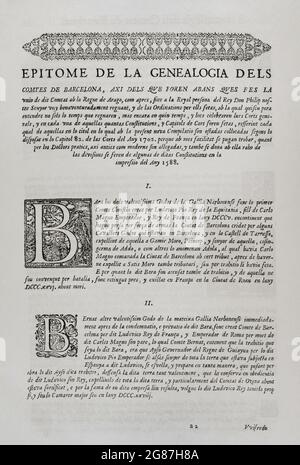 Constitutions y Altres Drets de Cathalunya, compilats en virtut del Capítol de Cort LXXXII, de las Corts per la S.C.Y.R. Majestat del rey Don Philip IV, nostre senyor Celeladas en la ciutat de Barcelona n'importe quelle MDCII. (Constitutions et autres droits de Catalogne, compilés en vertu du Chapitre LXXXII de la Cour, des cours présidées par Philippe V et qui ont eu lieu dans la ville de Barcelone. 1702). Premier volume. Imprimé dans la Maison de Joan Pau Martí et Joseph Llopis Estampers, 1704. Épitomé des comtes de la généalogie de Barcelone. Bibliothèque militaire historique de Barcelone, Catalogne, Espagne. Banque D'Images