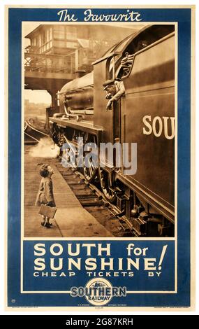 Affiche du chemin de fer du sud vintage – Billets bon marché pour le sud pour le soleil. Une petite fille qui parle au conducteur de la locomotive. Banque D'Images