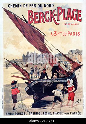 Une affiche ferroviaire du début des années 1900 – chemin de fer du Nord. Berck-plage par Louis Tauzin (1842-1915). Un bateau sur la rive à marée. Banque D'Images