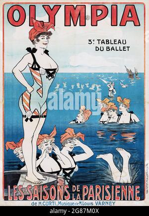 Affiche ancienne : les Saisons de la parisienne à l'Olympie (début des années 1900). Affiche de théâtre français. Femme en maillot de bain. Banque D'Images