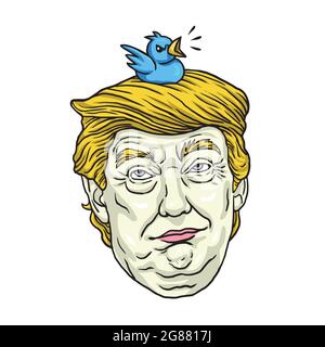 Donald Trump avec son oiseau Twitter PET. Caricature de dessin animé Portrait Illustration Vector Illustration de Vecteur