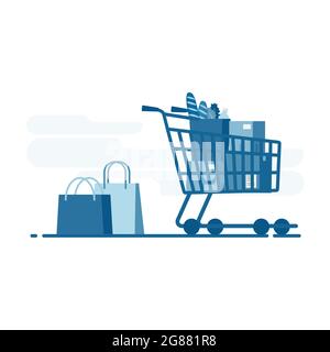 Panier de supermarché conception plate avec boîtes et sacs à provisions. Illustration de Vecteur