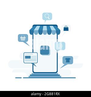 Concept d'achat en ligne avec des bulles d'expression des marchandises qui volent autour d'un smartphone. Illustration de Vecteur