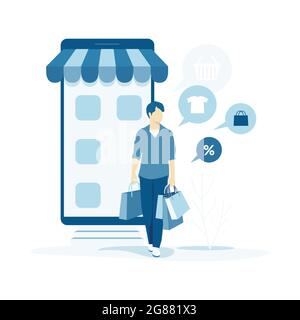 Concept d'achat en ligne avec un homme portant beaucoup de sacs d'achats et smartphone sur l'arrière-plan. Illustration de Vecteur