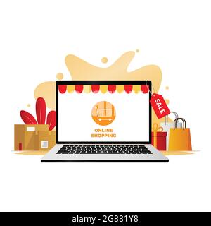 Achat en ligne via ordinateur portable, marketing numérique, magasin, concept d'achat d'e-commerce. Illustration de Vecteur