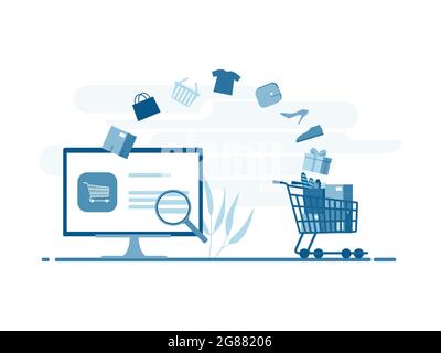 Concept d'achat en ligne avec des marchandises volantes de l'écran de bureau dans le panier d'achat. Illustration de Vecteur