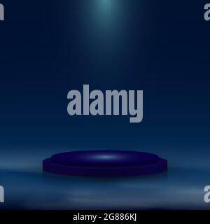 Piédestal bleu réaliste 3D avec éclairage et brume sur fond bleu foncé. Scène pour le prix, la présentation, le concert, etc. Illustrat Vector Illustration de Vecteur