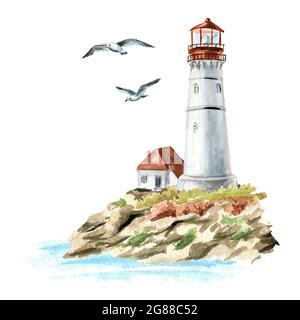 Rochers, mouettes et vieux phare, illustration d'aquarelle dessinée à la main, isolée sur fond blanc Banque D'Images
