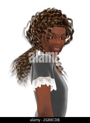 Digital rendu noir fille dans chemise sombre sur fond blanc, illustration 3d. Banque D'Images