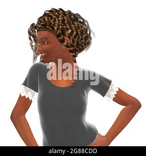 Digital rendu noir fille dans chemise sombre sur fond blanc, illustration 3d. Banque D'Images