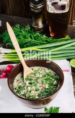 Soupe froide russe avec kvass et concombres. Okroshka Banque D'Images