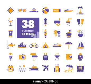 Jeu d'icônes de glyphe vecteur d'été. Affiche d'été. Symbole graphique pour la conception, le logo, l'application, l'interface utilisateur du site Web et des applications de voyage et de tourisme Illustration de Vecteur