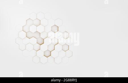 Arrière-plan abstrait hexagonal blanc et doré avec espace de copie. rendu 3d. Banque D'Images