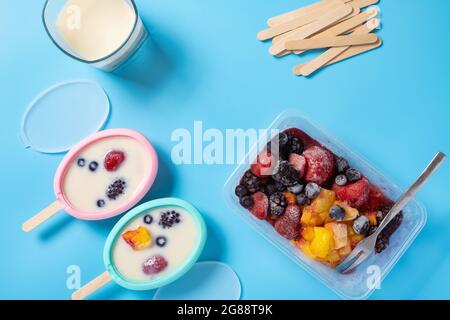 préparation de la popsicle de lait avec diverses tranches de fruits Banque D'Images