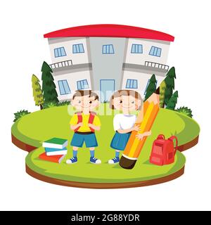 Illustration de la rentrée des classes. Les élèves sont heureux de se présenter devant l'école. L'affiche est décorée de bâtiments scolaires, de livres et de sacs scolaires. Illustration de Vecteur