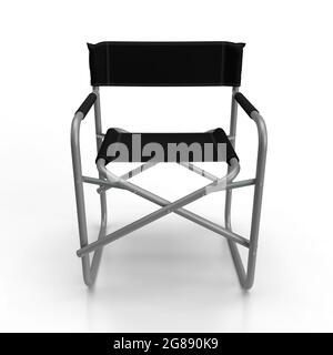 Directors chair rendu 3d d'une chaise pliante en aluminium avec siège noir et dossier noir avec lignes de couture isolées. Banque D'Images