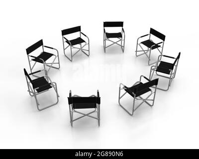 chaises 3d render directors chaises pliantes en configuration circulaire ou ronde en aluminium chaises avec dossier noir et housse de siège avec une perspective. Banque D'Images