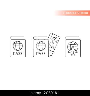 Passeport, icône vectorielle de la carte d'embarquement. Symbole de contour de billet d'avion, contour modifiable. Illustration de Vecteur