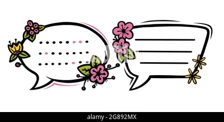 Bulles ou étiquettes de discours florales pour la décoration de scrapbooks. Cadres avec fleurs pour le texte ou le message. Illustration vectorielle Doodle isolée en blanc Illustration de Vecteur