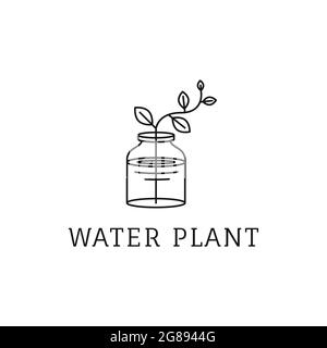 Simple et moderne logo de plante. Feuilles et eau dans un pot. Logo style ligne propre. Modèle vectoriel Illustration de Vecteur