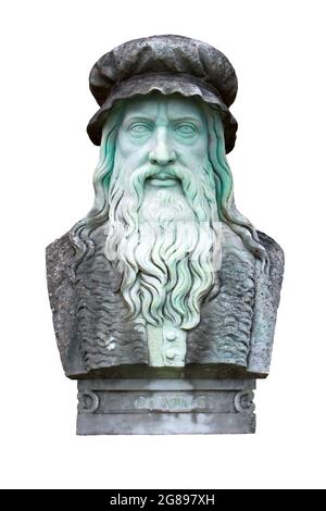 Une sculpture en marbre du grand inventeur et peintre, Leonardo Da Vinci Banque D'Images