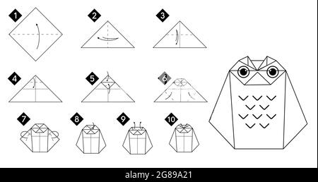 Étape par étape comment faire origami hibou oiseau . Illustration des instructions vectorielles monochromes. Livre blanc et noir à faire soi-même. Illustration de Vecteur