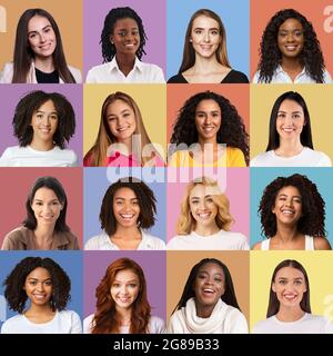 Joyeux jeunes femmes multiethniques, ensemble de portraits Banque D'Images