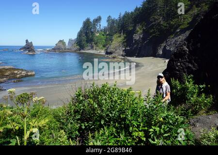 Randonneur sur la plage isolée Shi Shi Beach sur la côte Pacifique près de Neah Bay, , Parc national olympique, Washington Banque D'Images